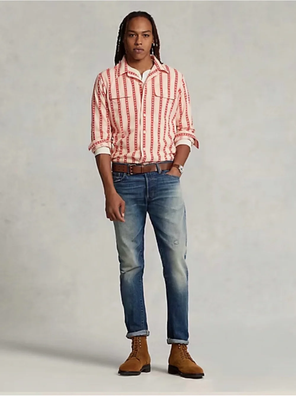 Polo by Ralph Lauren White Button-Down Shirt with Red Stripe Pattern 1246